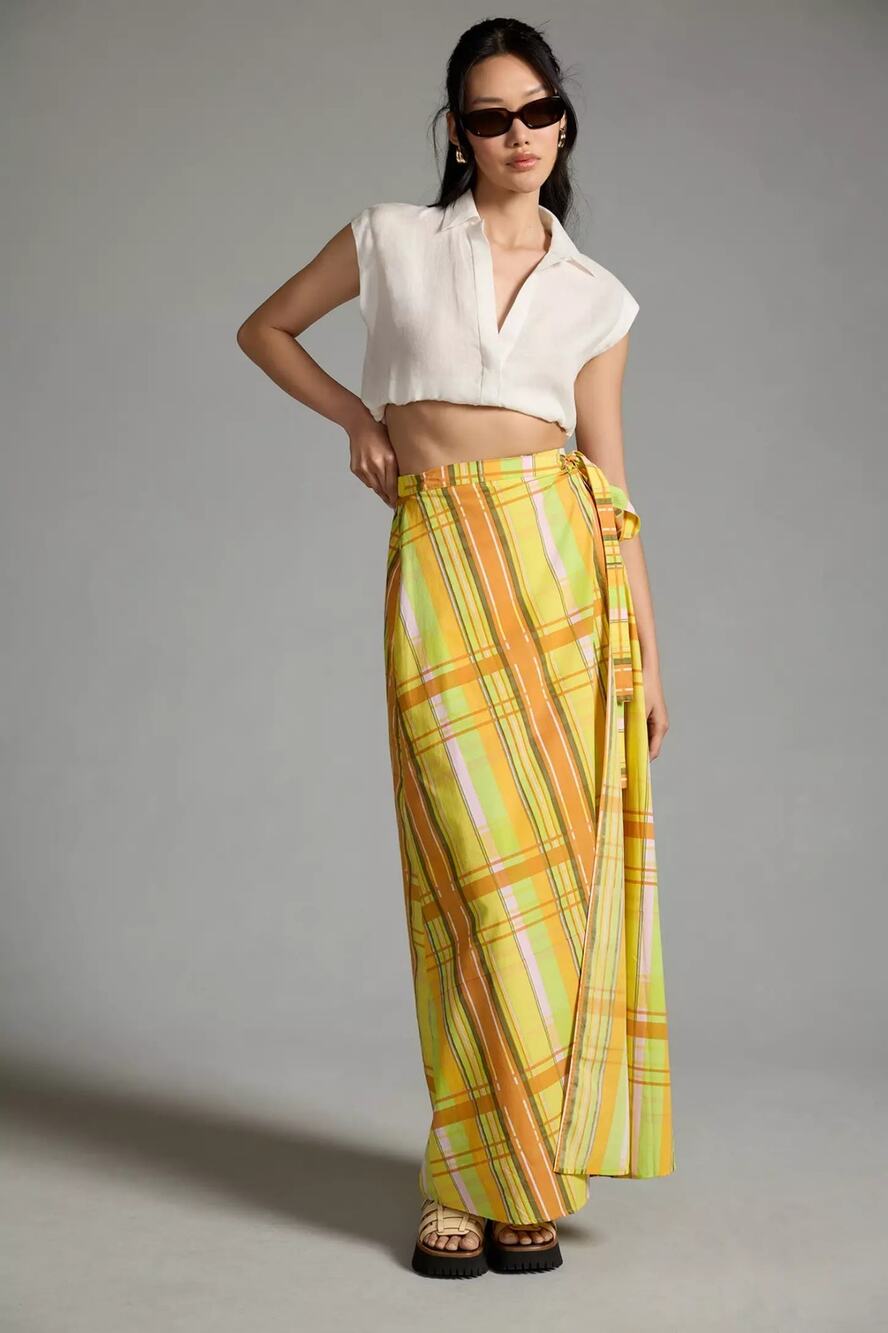 New Anthropologie S/W/F Tie-Up Wrap Skirt SMALL US SIZE 4 Orange/Yellow Plaid